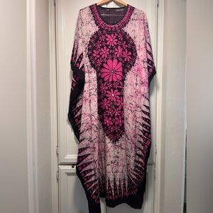 Floral Kaftan Pink Black Maxi Length Psychedelic Hippie Fun Print One Size Beach
